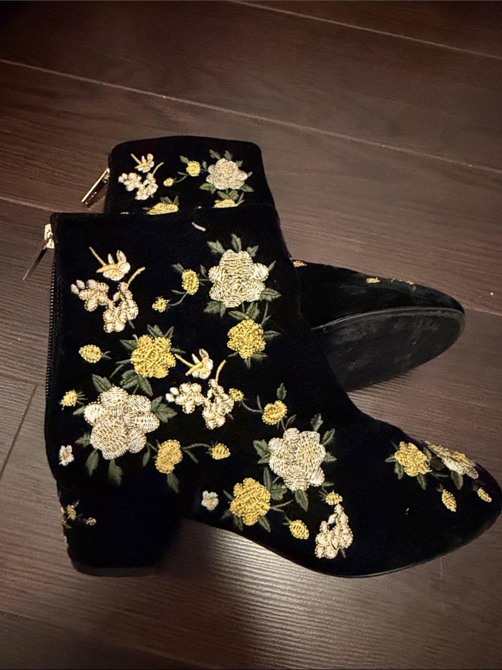Topshop Black Velvet Floral Embroidered Ankle Boots